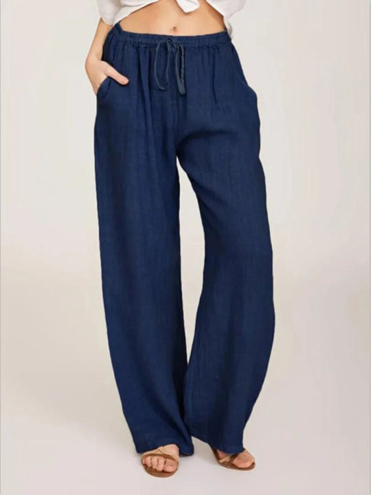Summer%20and%20Autumn%20Women%20Cotton%20Linen%20Pants%20Solid%20Casual%20Elastic%20Waist%20Pockets%20Wide%20Leg%20Trousers%20Fashion%20Ladies%20Straight%20Pants%20-%20Image%202
