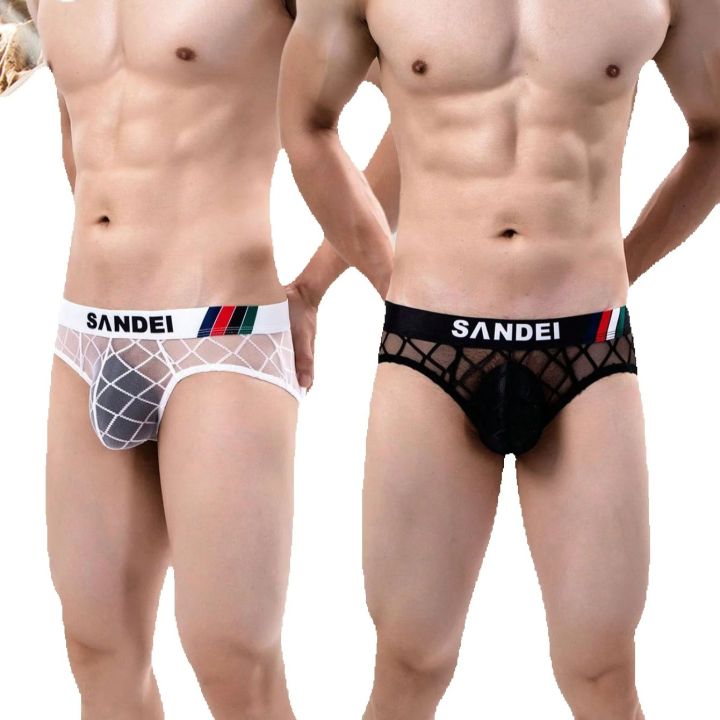 2PCS  Solid color  mesh simple plaid  Men's low waist seamless semi transparent brief