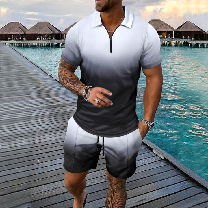 Interesting%20Men's%20Short%20Sleeved%20Set%203D%20Checkered%20Printed%20Fashionable%20Zipper%20Polo%20Shirt%20Suit%20Loose%20Summer%20T-shirt%20Set%20Ropa%20Hombre%20-%20Image%202