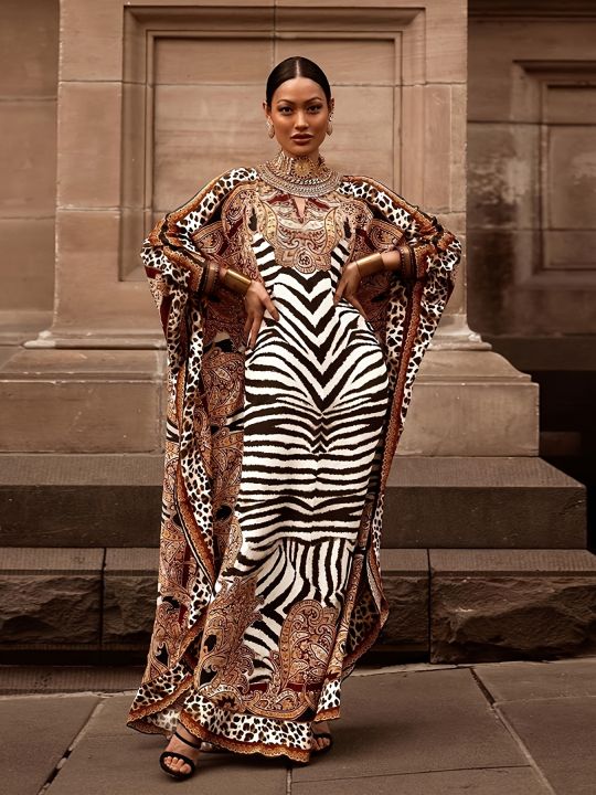 Spring and Summer Elegant New European and American Women's Clothing, Middle Eastern Retro Ethnic Style Printed Dress, Muslim Plus-Size Loose Robe, Stylish Commuter Dress