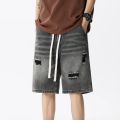 Summer Thin Denim Shorts Men's Retro Streetwear Blue Gray Stretch Straight Loose Fashionable Casual Ripped Short Jeans Men.