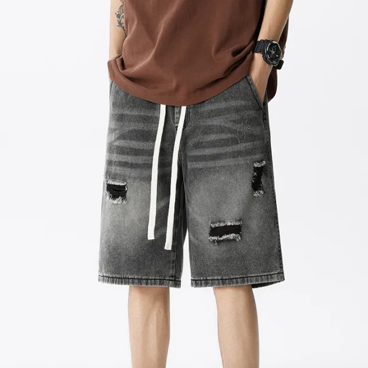 Summer%20Thin%20Denim%20Shorts%20Men's%20Retro%20Streetwear%20Blue%20Gray%20Stretch%20Straight%20Loose%20Fashionable%20Casual%20Ripped%20Short%20Jeans%20Men%20-%20Image%204