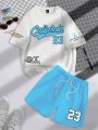 2025 summer new trend men's suit round neck short sleeve set fashion personalized alphanumeric print round neck T-shirt and shor. 