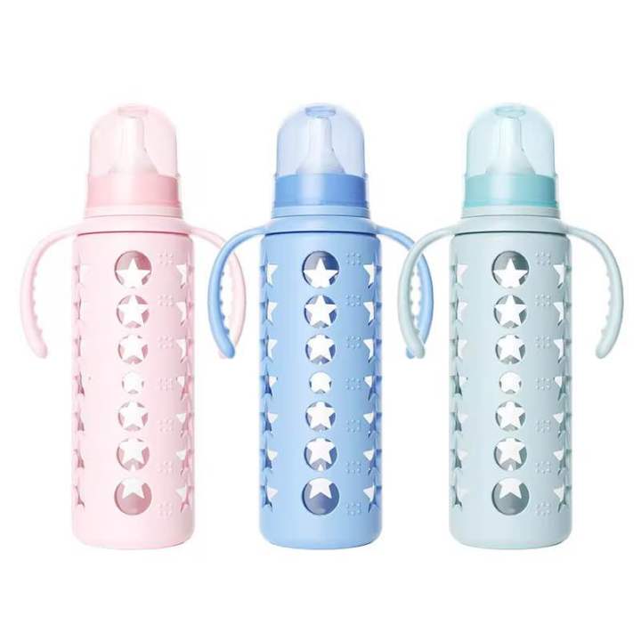 (BABY LAND 4) PINK Baby Glass Feeders Imported With Silicone Cover 240ml/8oz  - Baby Glass Feeder Bottle For Kids/BABY GLASS FEEDEER /BPA FREE GLASS FEEDER
