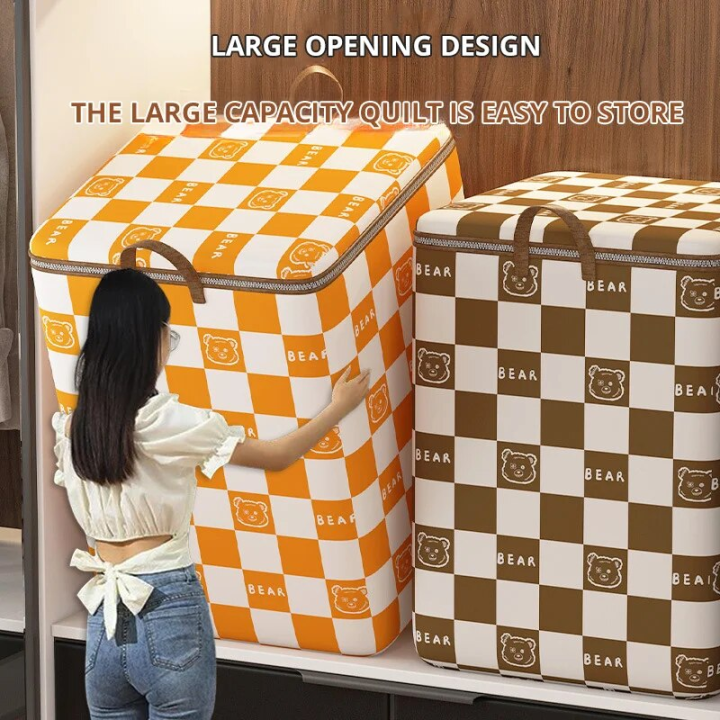 1Pc Portable Large Capacity Quilt Storage Bag Cute Bear Plaid Pattern