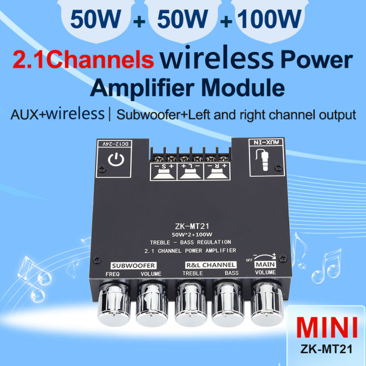 MT21 Bluetooth Amplifier Board, 50W×2+100W 2.1 Channel Subwoofer 12V-24V Audio Power Amplifier Module with Treble Bass Control, Bluetooth, AUX Inputs