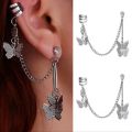 Pair of (2 Pcs) Silver plated Long Chain Butterfly Design Ear Cuffs Earrings for Women and Girls. 