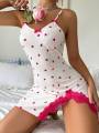 Sexy Women's Night Gown Lace Trim Camisole Bow & Heart Print Sleeveless Sleep Dress Elegant Night Wear for Ladies. 