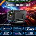 HY320 mini portable projector 4K 200 ANSI smart projector, with WiFi 6 BT 5.0 screen adjustment 180-degree rotation built in Android 11.0 OS. 