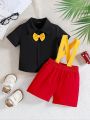 Summer Boys’ Suit, British Style Children’s Fashion Clothing with Short-Sleeved Shirt and Striped Overalls Two-Piece.
