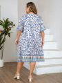 Plus Size Women's Blue White Floral Print Dress Tie Half Sleeve Boho Style Loose Casual Midi Dress. 