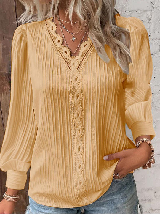 Women%20Lace%20Stitching%20Shirt%20Solid%20V-neck%20Simple%20Black%20Chiffon%20Decoration%20Hollow%20Out%20Design%20Fashion%20Elegant%20Top%20Office%20Lady%20Blouse%20-%20Image%206