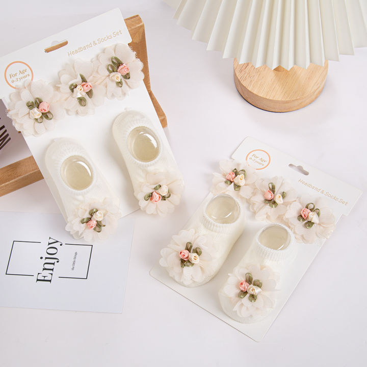 2Pcs/Set Ins Cream Chiffon Flower Headbands with Cotton Socks for Baby Girls Boutique Flower Anti-Slip Short Cotton 0-12M Sock