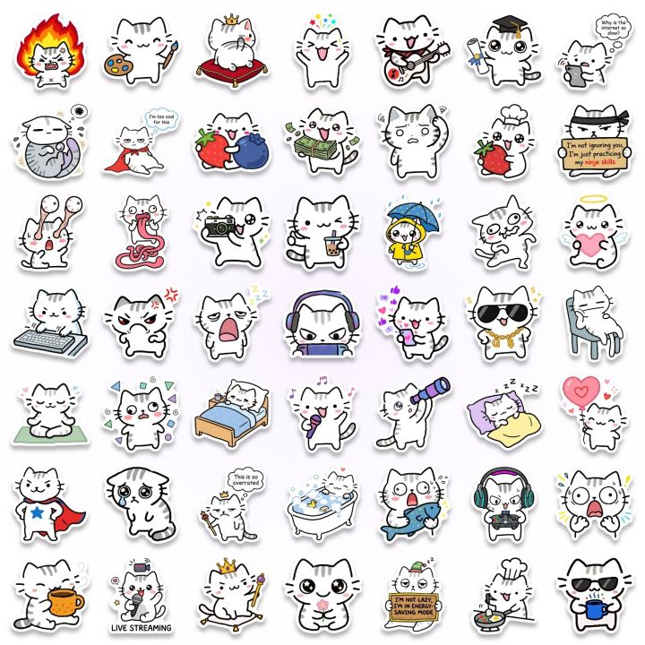 50Pcs Cartoon Line Drawing Basil Cat Stickers Cute Face Fun Cat Decals ...