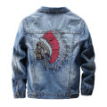 Indian Chief Embroidery Denim Jackets Men, Retro Blue Streetwear, Ripped Slim Coat, Casual Motorcycle Outwear, Spring and Autumn. 