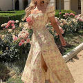 Women Floral Print Split Dress Sweet Puff Short Sleeve Square Collar Slim Fit Maxi Dress Holiday Summer Casual  A-Line Dress. 