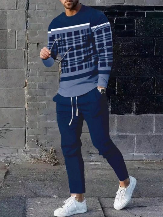 Fashionable%20Summer%20Men's%20Striped%20Patchwork%20Print%20Breathable%20Round%20Neck%20Long%20Sleeved%20Pants%20Set%20Outdoor%20Casual%20Wear%20-%20Image%203