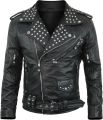 Men’s Studded Black Leather Biker Jacket – Heavy Duty Zippers, Multi Pockets & Belted Motorcycle Style. 