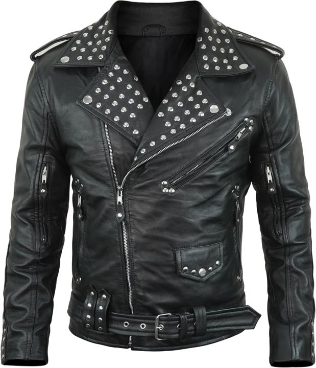 Men%E2%80%99s%20Studded%20Black%20Leather%20Biker%20Jacket%20%E2%80%93%20Heavy%20Duty%20Zippers,%20Multi%20Pockets%20&%20Belted%20Motorcycle%20Style%20-%20Image%203
