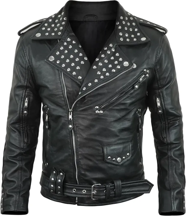 Men%E2%80%99s%20Studded%20Black%20Leather%20Biker%20Jacket%20%E2%80%93%20Heavy%20Duty%20Zippers,%20Multi%20Pockets%20&%20Belted%20Motorcycle%20Style%20-%20Image%203
