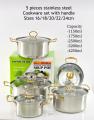 5 Pieces Stainless Steel Cookware Set with Handles - Sizes 16/18/20/22/24cm, Capacities 1150ml to 4250ml. 
