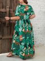Women's Plus Size Boho Tropical Print V-Neck Dress with Ruched Chest & Short Sleeves Spring Summer Vacations Cute Dresses.