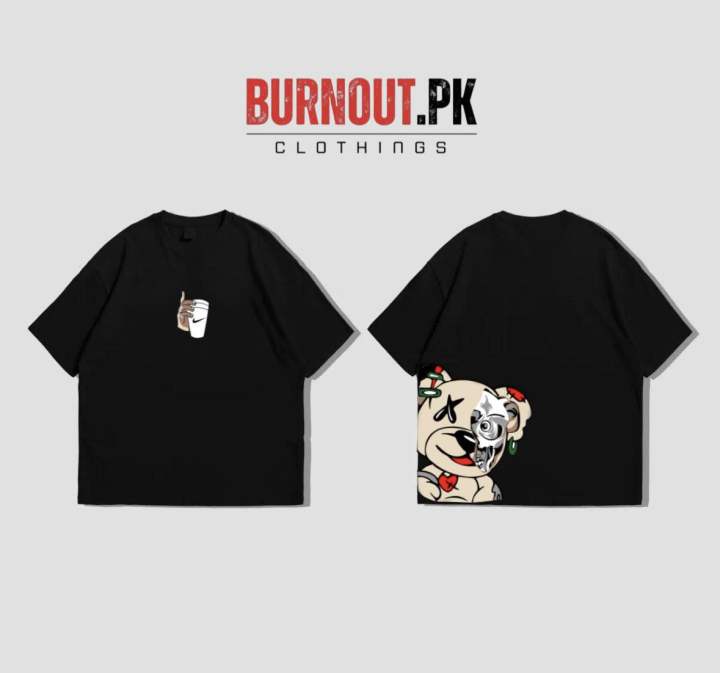BURNOUT.PK NEW TRENDY SUMMER COLLECTION BEAR PRINTED DROP SHOULDER TSHIRT FOR MENS AND WOMENS