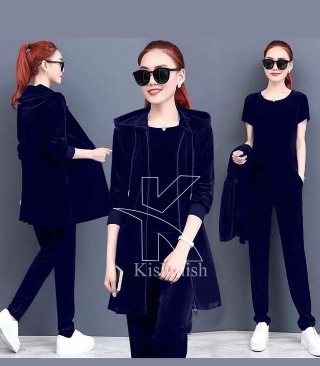 Velvet 3 Pcs Winter Tracksuit Long Hoodie Style For Girls Tracksuit Modern High Quality For Womens Plain Tracksuit For Girls