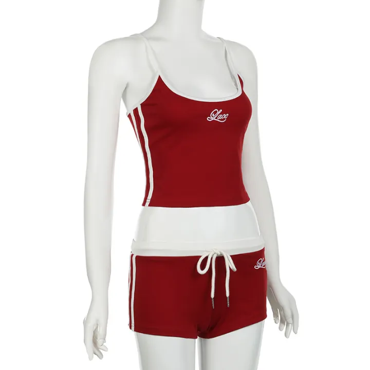 Y2K%20Women%20Summer%20Outfits%20Set%20Embroidery%20Letters%20Contrast%20Color%20%20Slim%20Backless%20Camisole%20Tops+Drawstring%20Elastic%20Waist%20Shorts%20-%20Image%205