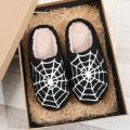 Halloween Spider Web Pattern Horror Yinsen Atmosphere Fashion Embroidered Plush Home Thick-Soled Comfortable Woolen Cotton Slippers Personalized Warm Non-Slip Indoor Slippers for Men and Women Can Wear Christmas Gifts. 