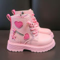 Girls Boots Kids Fashion  Boots Cool Girl Autumn and Winter Cotton Soft Sole Pink with Love Side Zip Princess Round-toe PU. 