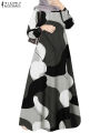 ZANZEA Muslim Fashion Color Block Long Dresses Women Elegant O Neck Long Sleeve A-line Vestidos Casual Loose Islamic Abaya Robes. 