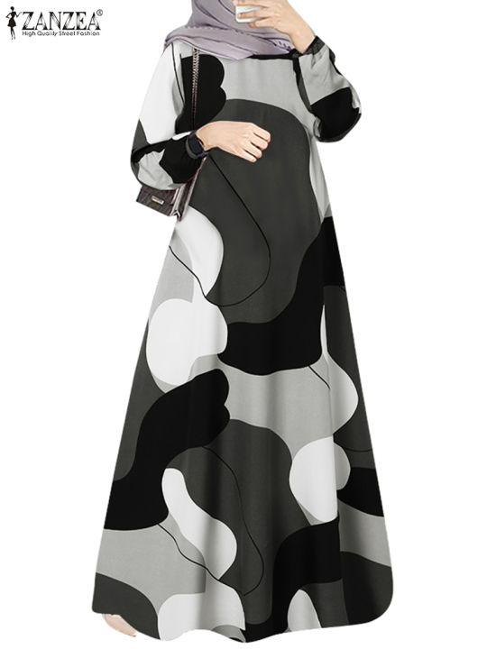 ZANZEA%20Muslim%20Fashion%20Color%20Block%20Long%20Dresses%20Women%20Elegant%20O%20Neck%20Long%20Sleeve%20A-line%20Vestidos%20Casual%20Loose%20Islamic%20Abaya%20Robes%20-%20Image%204