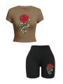 Trend Woman Crop T-Shirts & Shorts Two Pieces Set Red Roses Wrapped In Ribbons Prints Tops Slim O-Neck High Elastic Soft Clothes. 