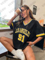 2026 Summer Retro Los Angeles No.91 Print T-Shirt For Women Short Sleeve V-Neck Sports Football Jersey Y2K Loose Oversized Tops. 