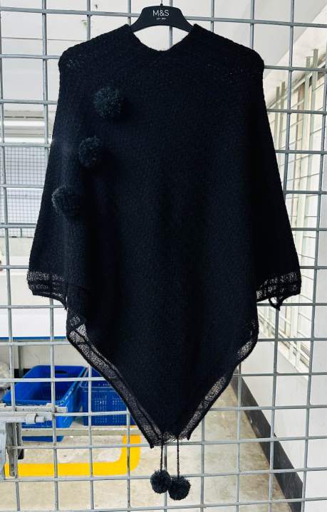 Women's Poncho Sweater Winter Collection Jacquard Knit Wool Blend Sleeveless V-Neck