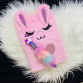 diary with pen for girl's  fluffy new rabbit style diary with multicoloured unicorn pen plush soft cover diary notebook A5 size cute stationary for girls gifts. 