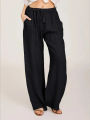 Summer and Autumn Women Cotton Linen Pants Solid Casual Elastic Waist Pockets Wide Leg Trousers Fashion Ladies Straight Pants. 