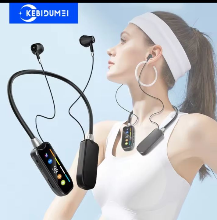 Neckband Earphones HD Screen Bluetooth 5.4 Headphones TWS Wireless Headsets HiFi Stereo Waterproof Earbuds Support TF Card