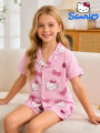 Sanrio Girls' Pajama Home Dress Set Summer Edition, Hello Kitty Button Short Sleeve Top and Shorts, Suitable for Home Wear. 