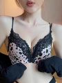 MOYISU French Lace Bra & Panty Set Women Push-Up Enhancer Small Chest Low Back Leopard Print Adjustable Anti-Sag Sheer Allure.