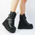 New Women's Pu Leather Ankle Boots Women Autumn Winter Round Toe Lace Up Shoes Woman Motorcycle Platform Botas Gothic Shoes.