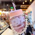 Imported 350ml Cute Girl Transparent Glass Heat Resistant Tumbler With Pearl Chain Sipper Glass Cup Portable Double Drinking Aesthetic Coffee Mug With Straw Gift For College Girls Teen hoho Mugs for Gift. 