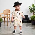 Toddler Bear Print 3-Piece Outfit, Beige & Brown Polo Shirt + Shorts + Crossbody Bag, Baby Boy Summer Casual Clothing Set. 