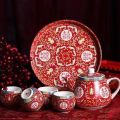 Chinese tea set Tea Tea Cup auspicious wedding tea ceremony Tea Set 4 tea water glass with teapot and Gold red tile tray. 