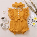 0-18 Months Old Newborn Solid Color Sleeveless Round Neck Lace Edge Bow Romper+Headband Baby Girl Summer New Casual Jumpsuit. 