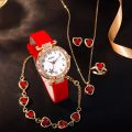 6 PCS New Lxury Love Rhinestone Jewelry Ladies Ring Necklace Earrings Bracelet Set Simple Digital Leather Strap Quartz Watch. 