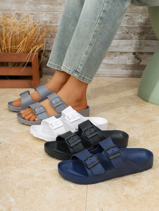 Men's Teen Mules New Summer Retro Casual Slip-On Slippers Eva One-Piece Molded Double-Strap Half-Slip Flat Slippers with Adjustable Buckle