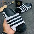 New Original Adidas Classic Black & White Triple-Line Slides – Trendy Casual Slip-On Sandals for Men & Women | Lightweight, Comfortable & Stylish Footwear. 