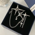 New Four-Pointed Star Pins Brooch Trendy Rhinestone Inlaid Long Chain Stars Tassel Badge Lapel Pin Jewelry Collar Accessory. 